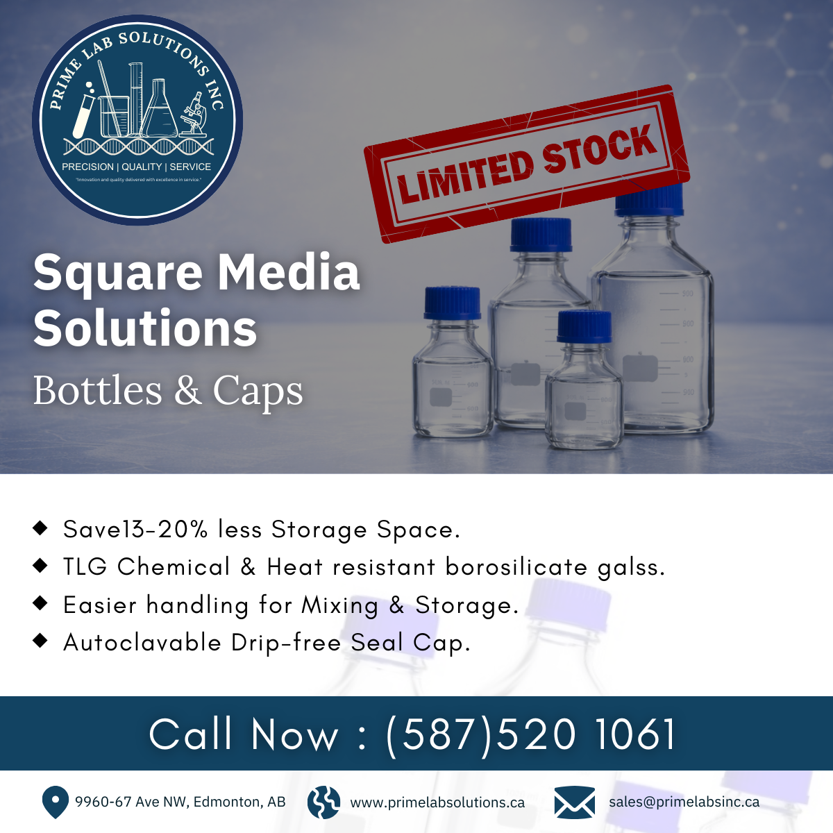 Square Glass Media Bottles & Caps